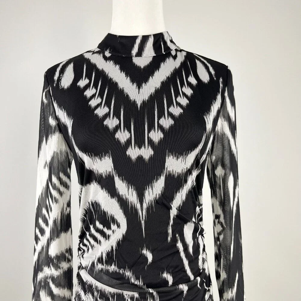 NWOT Farm Rio Pineapple Ikat Tulle Midi Dress Long Sleeves Size XS Black White